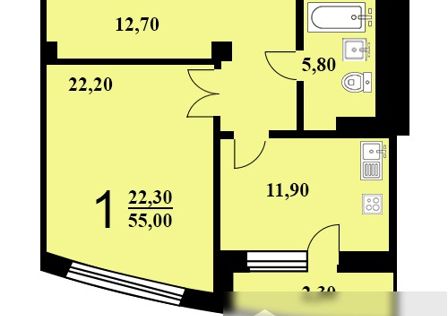 Продаётся 1-комнатная квартира, 55 м²