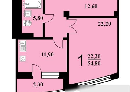 Продаётся 1-комнатная квартира, 54.8 м²